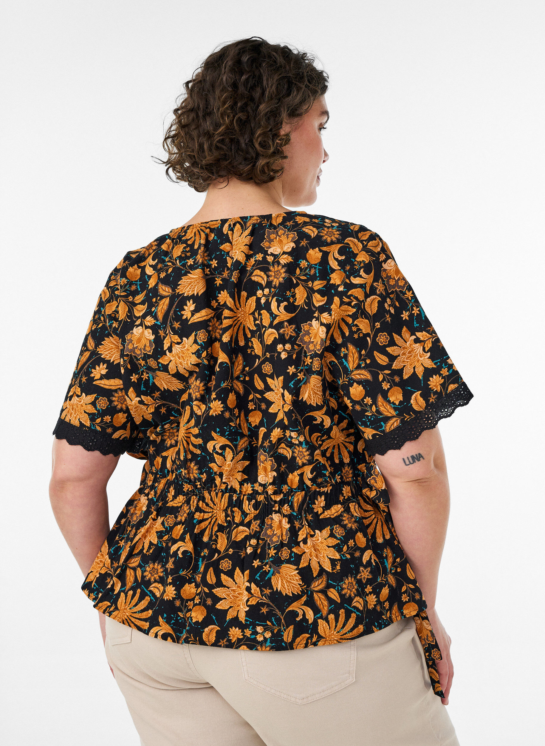 Zizzifashion Floral cotton blouse with tie-fastening, Orange, Model image number 2