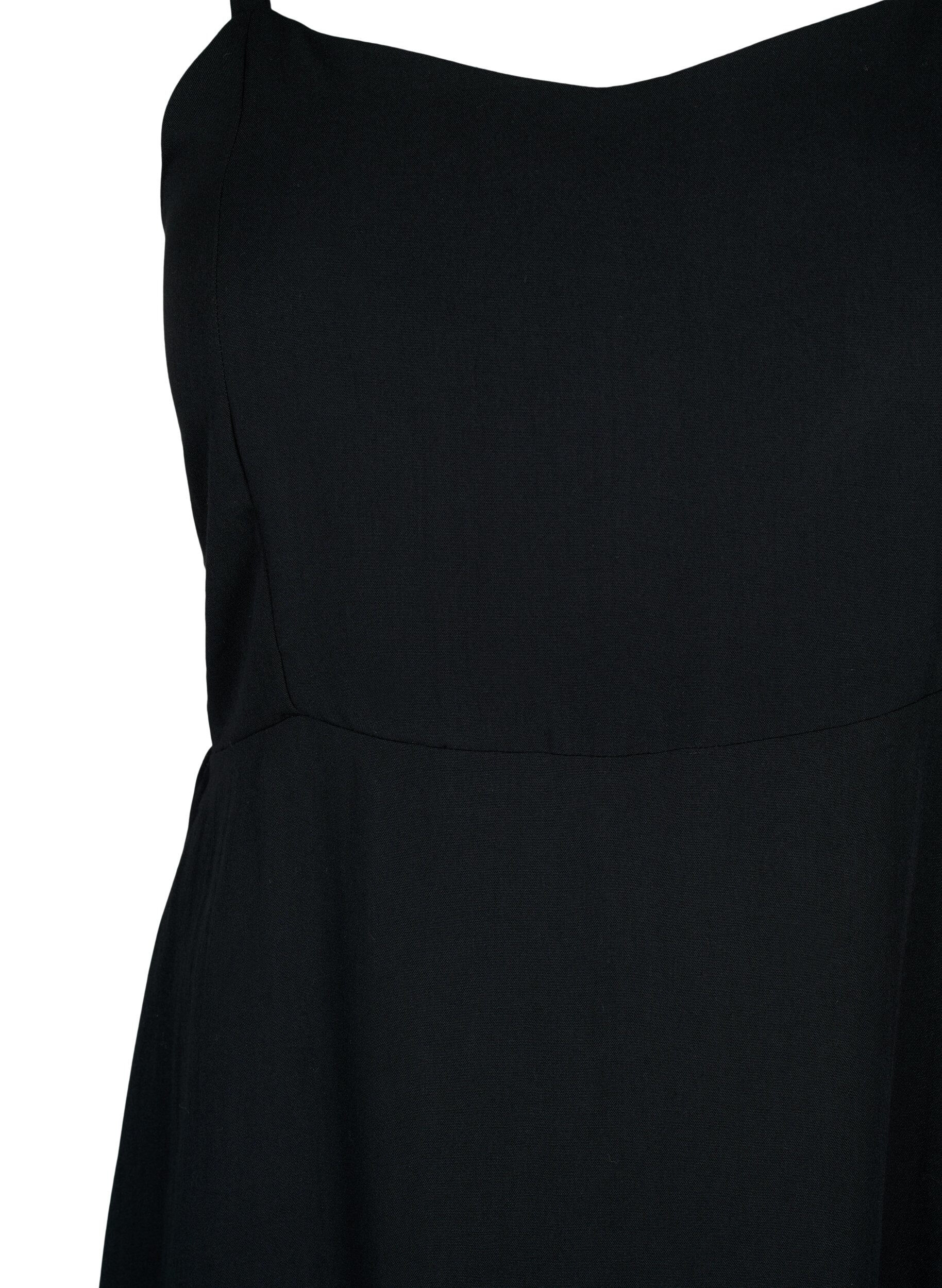 Zizzifashion Plain coloured viscose strap dress with smock, Black, Packshot image number 2