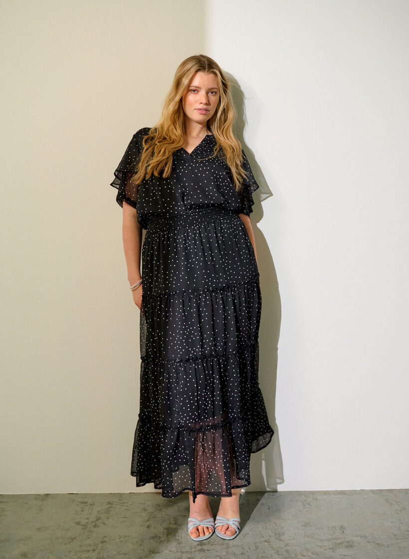 Chiffon blouse with polka dots and ruffle sleeves, Black, Image image number 0