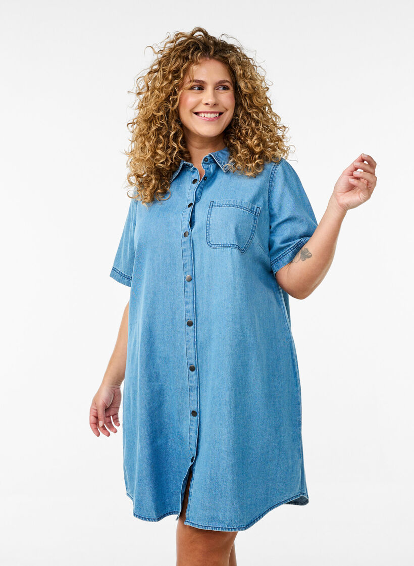 Denim shirt dress with short sleeves, Light Blue, Model image number 0
