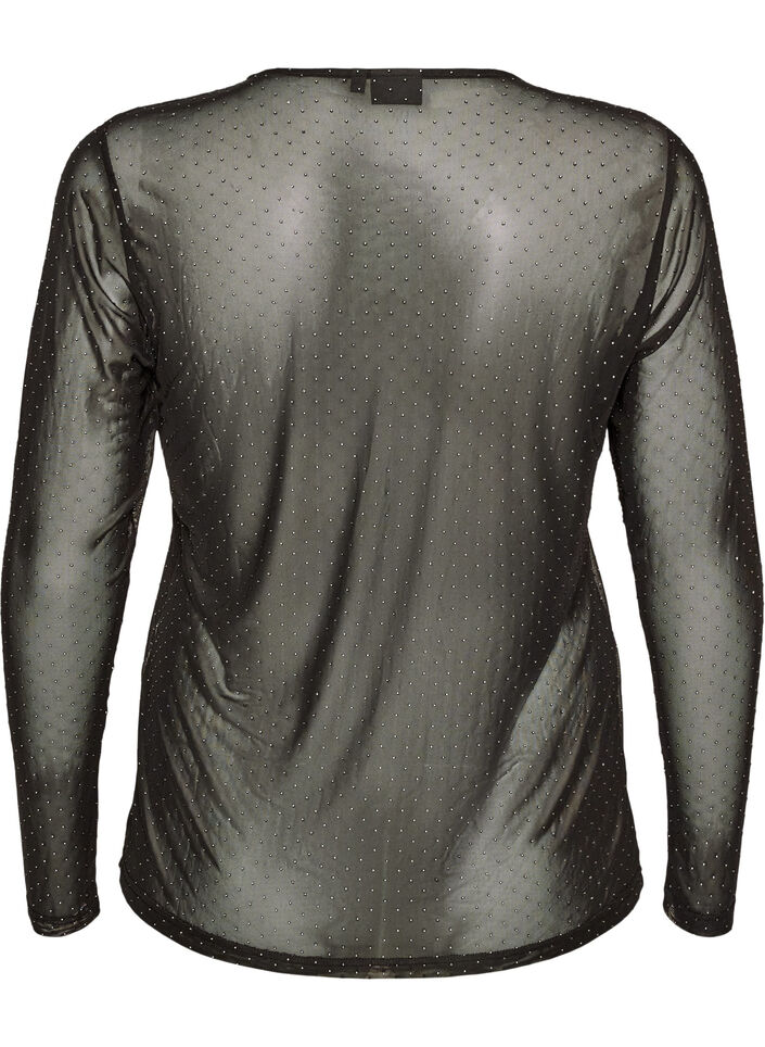 Sheer mesh blouse with rhinestones, Black, Packshot image number 1