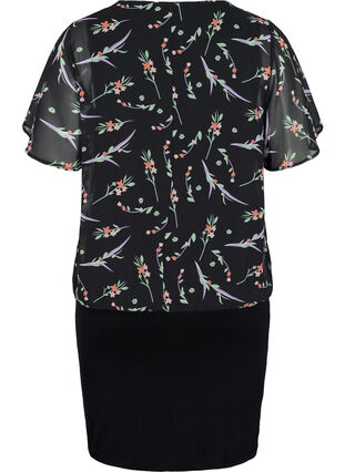 Short-sleeved dress with a floral top part, Black AOP, Packshot image number 1