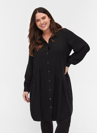 Solid-coloured, A-line shirt dress, Black, Model image number 0