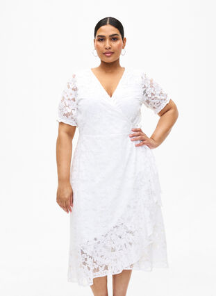 Wrap dress with lace and short sleeves, Bright White, Model image number 0