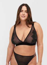 Mesh bra with velour and lace, Black, Model