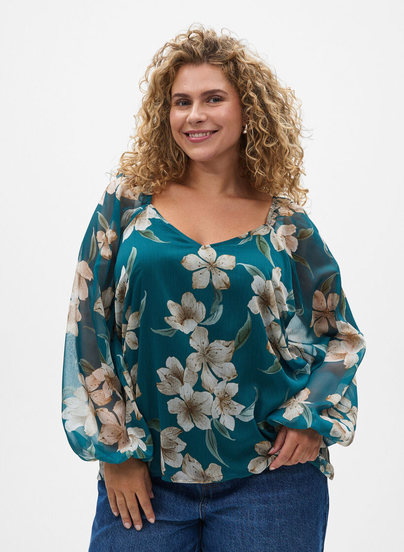 Chiffon blouse with floral print and long sleeves, Green, Model image number 0