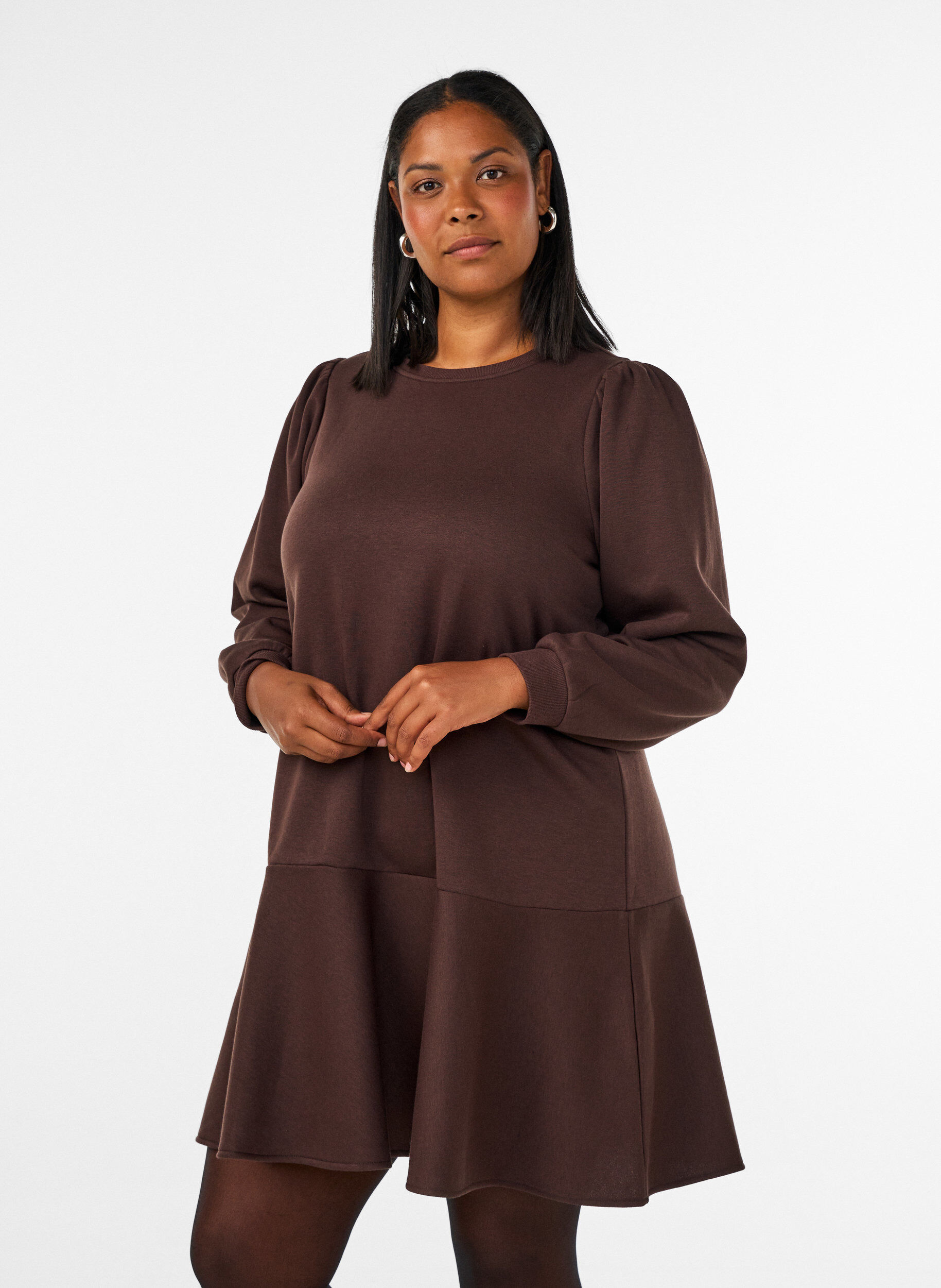 ZizzifashionSweatshirt dress with ruffle layers and A-line shape, Brown, Model image number 0