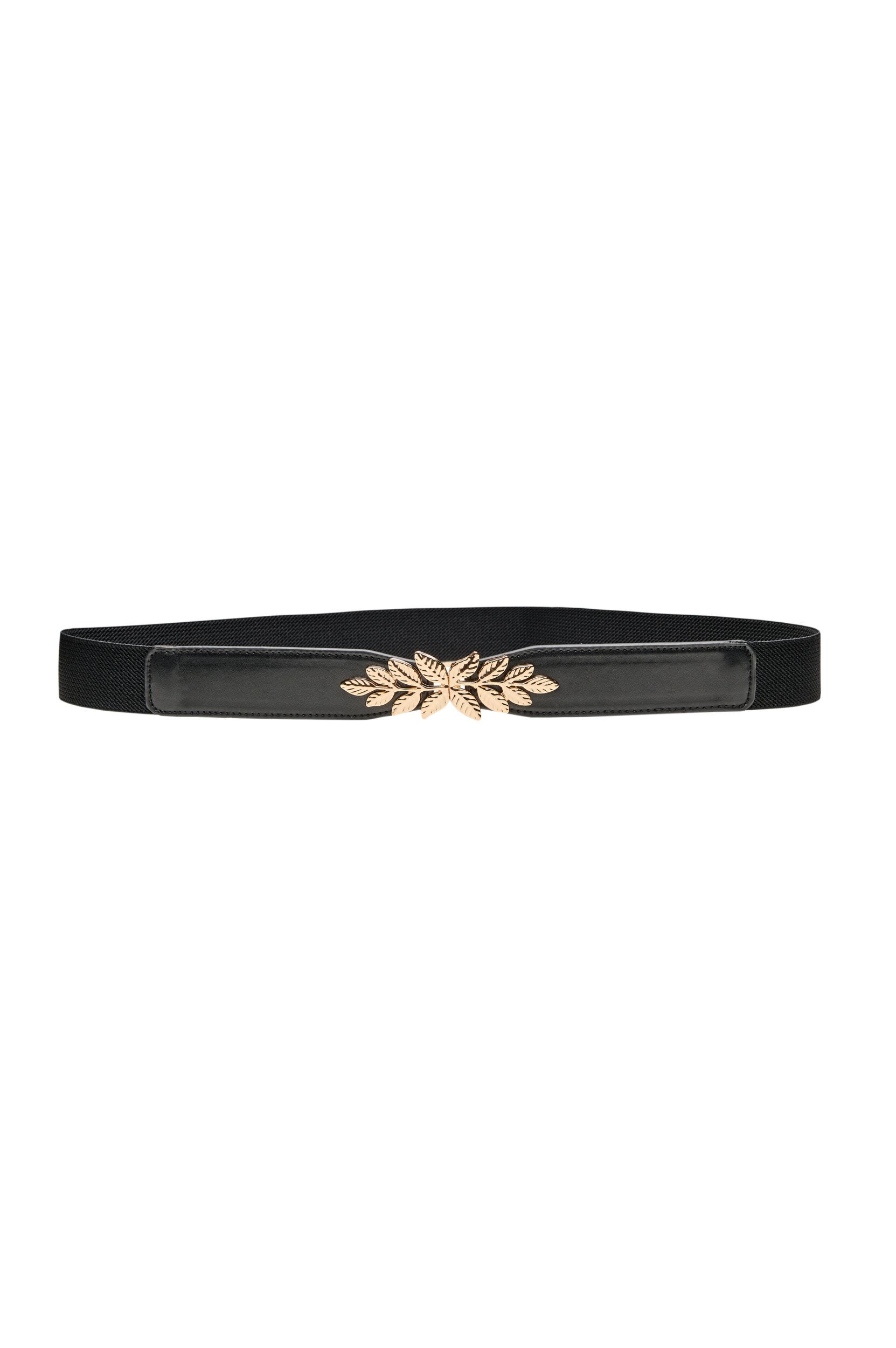 Zizzifashion Slim waist belt with a leaf-shaped buckle, Black, Packshot image number 0