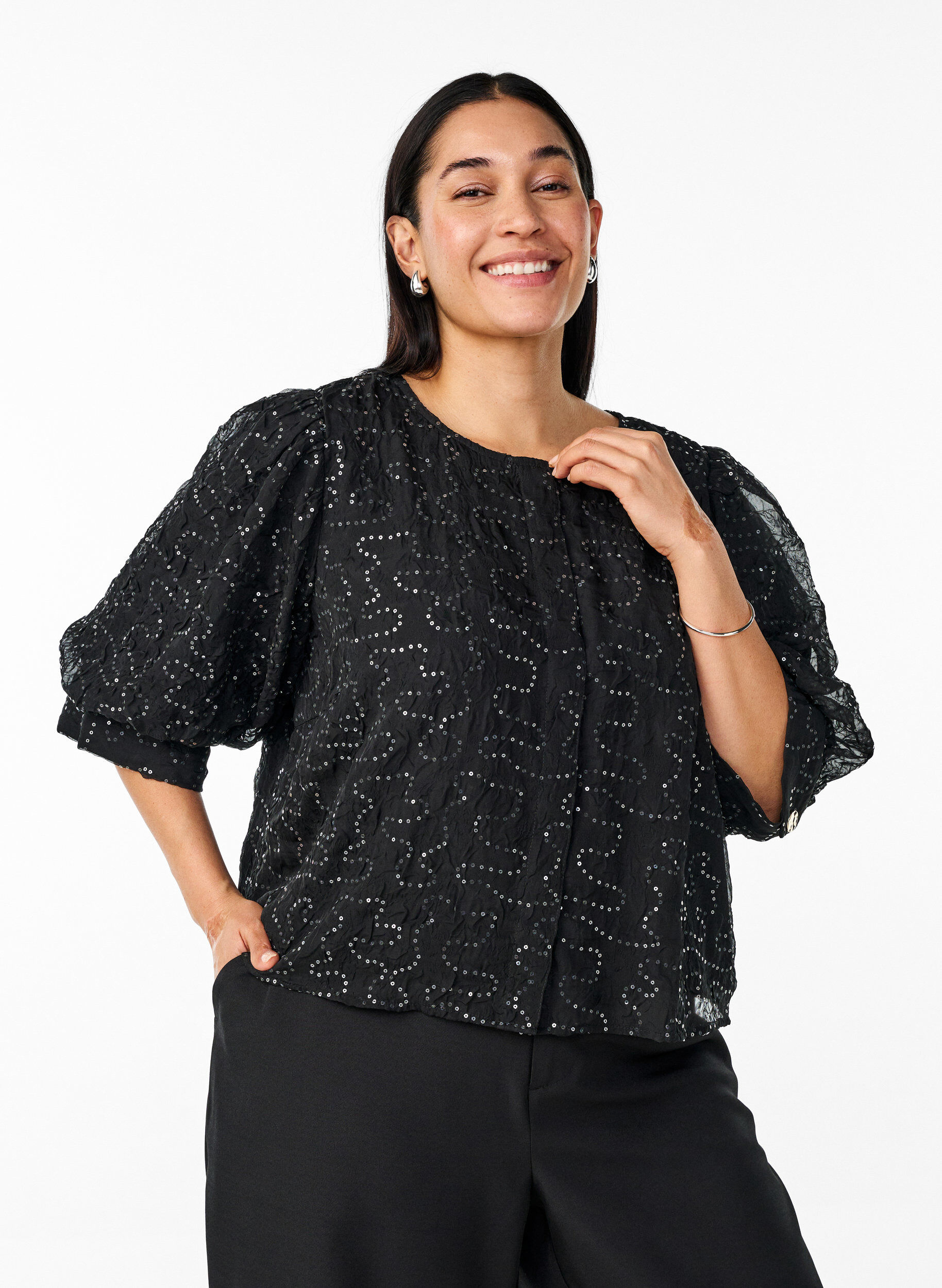 Party blouse with sequins and 1/2 sleeves, Black, Model