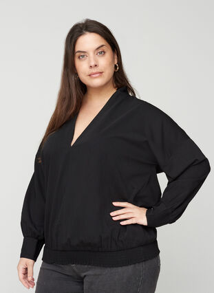 Long-sleeved blouse with a V-neck and smocking, Black, Model image number 0
