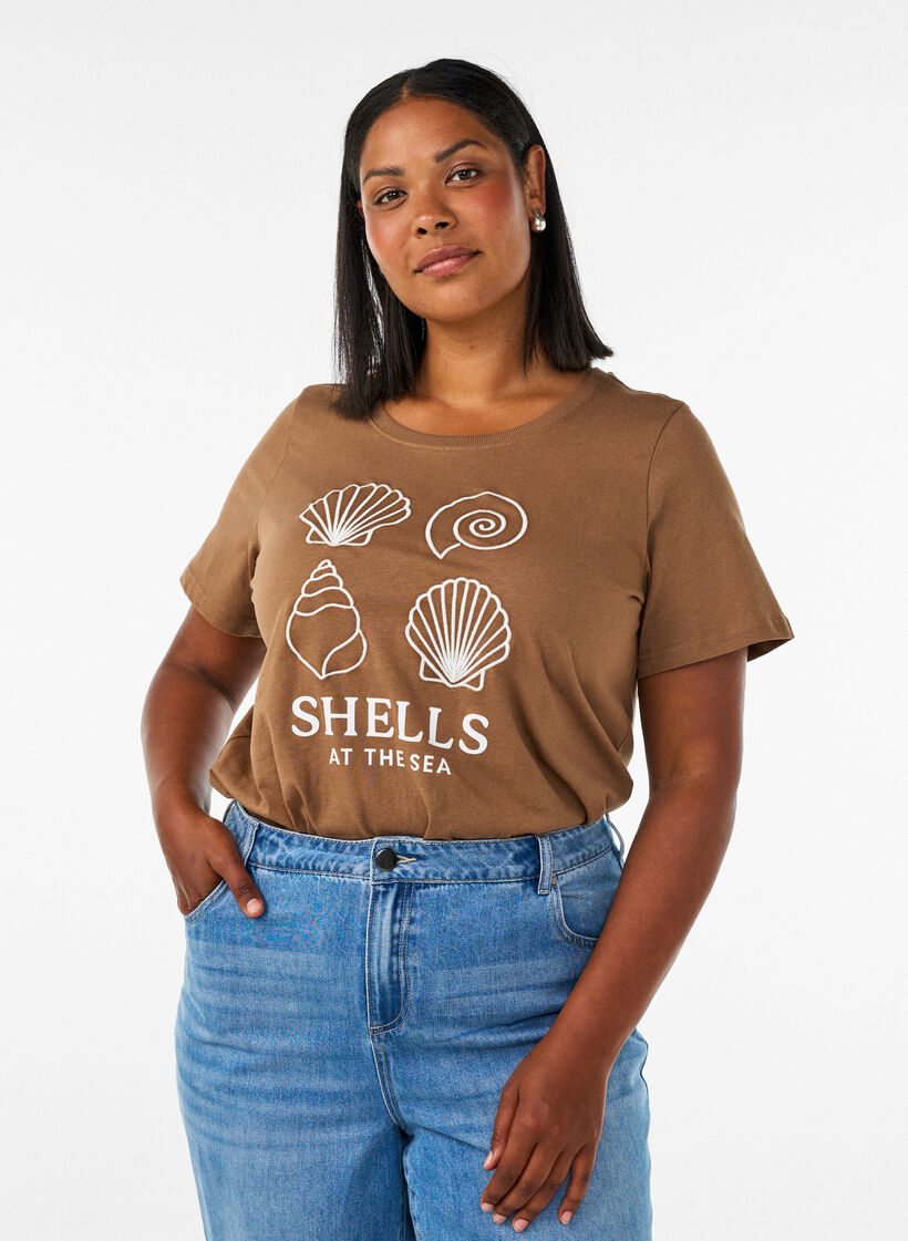 Cotton T-shirt with print, Brown, Model image number 0