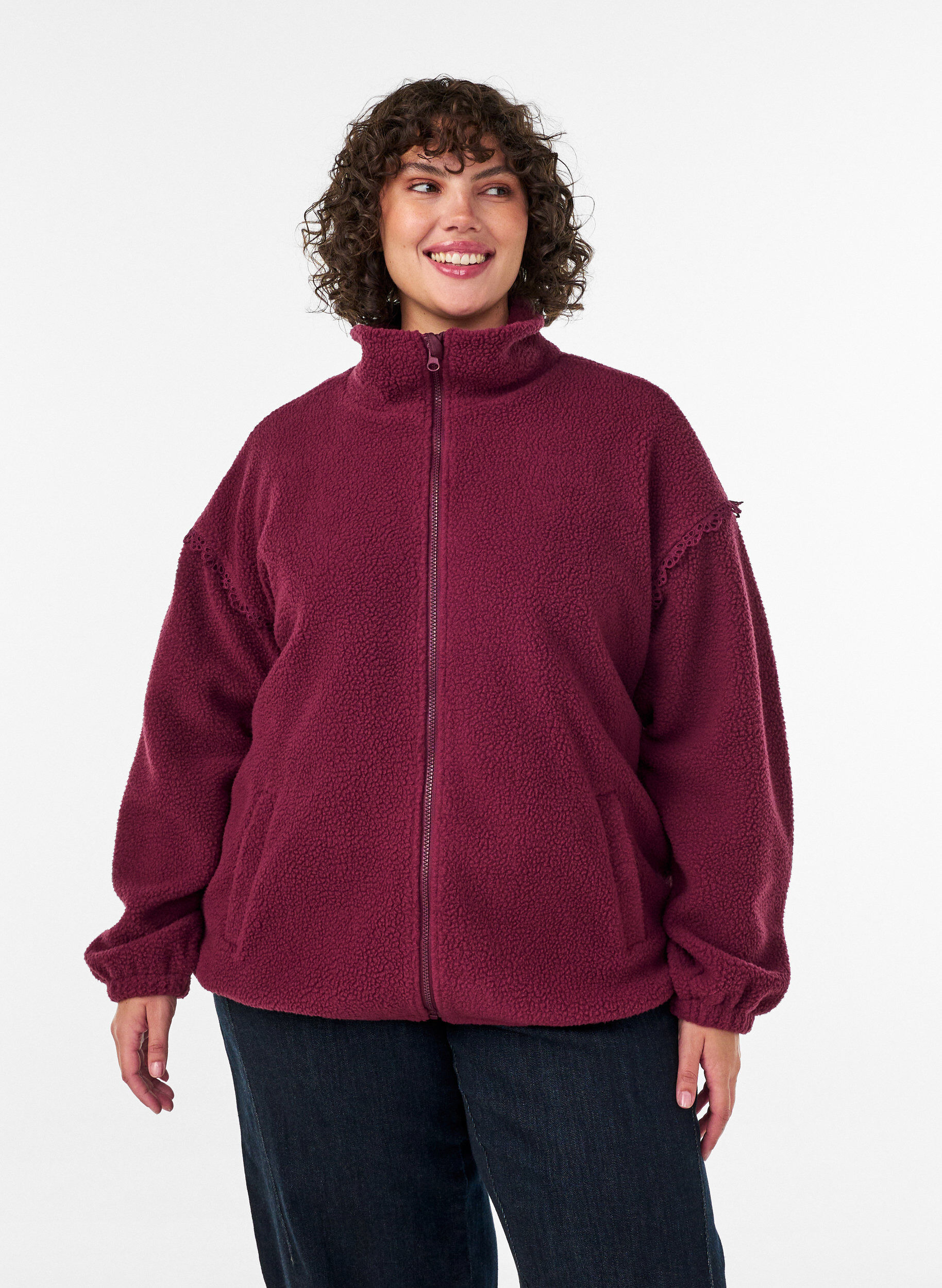 ZizzifashionTeddy jacket with eyelet embroidery trim and high collar, Red, Model image number 0