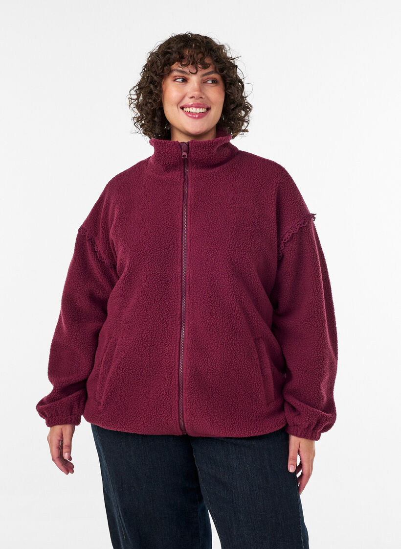 Teddy jacket with eyelet embroidery trim and high collar, Red, Model image number 0