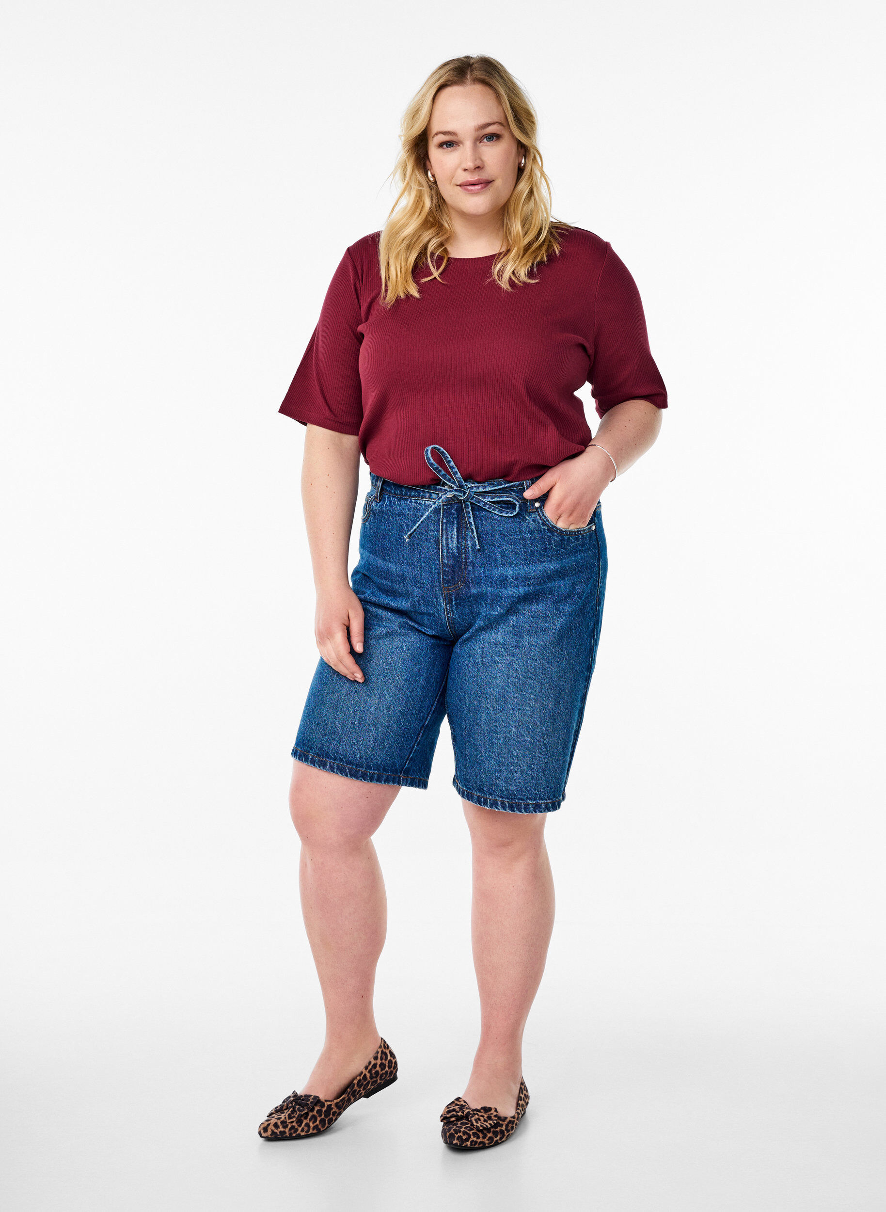 ZizzifashionRibbed jersey blouse with short sleeves, Dark Bordeaux, Model image number 1