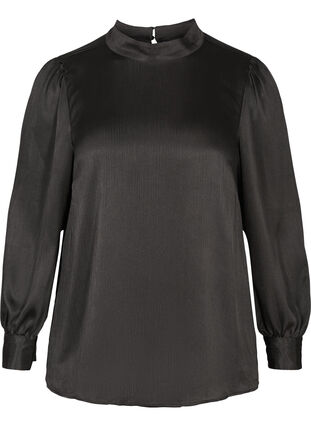 Shiny blouse with long puff sleeves, Black, Packshot image number 0