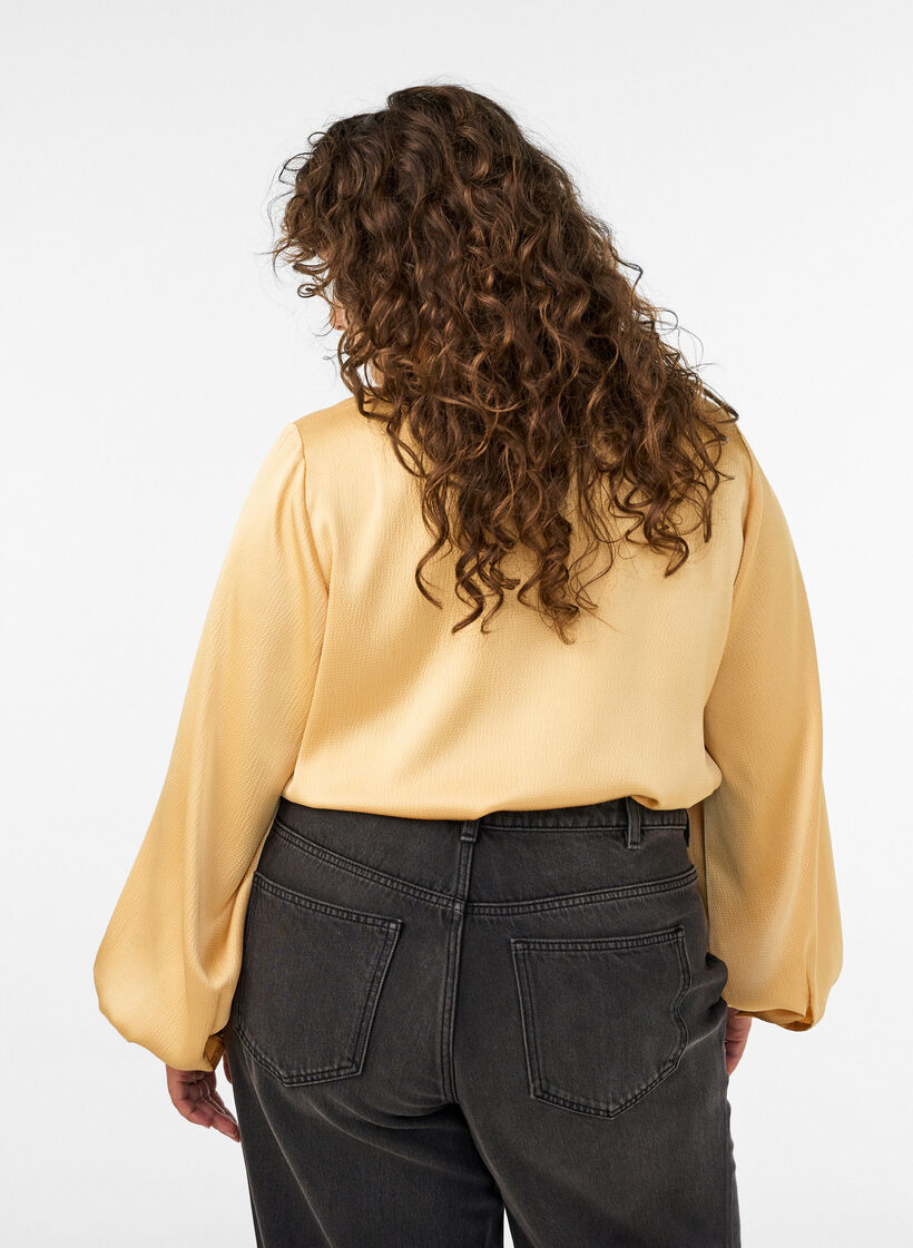 Blouse with shirt collar and V-neck, Yellow, Model image number 2
