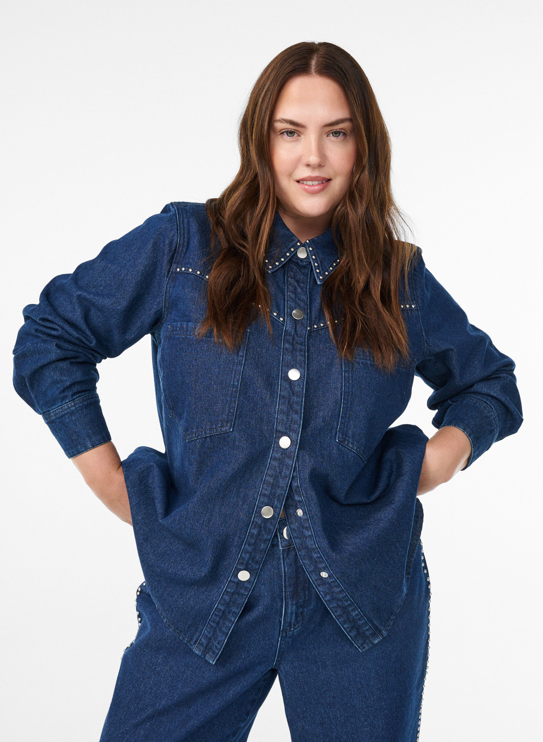 Denim shirt with studs, Blue, Model