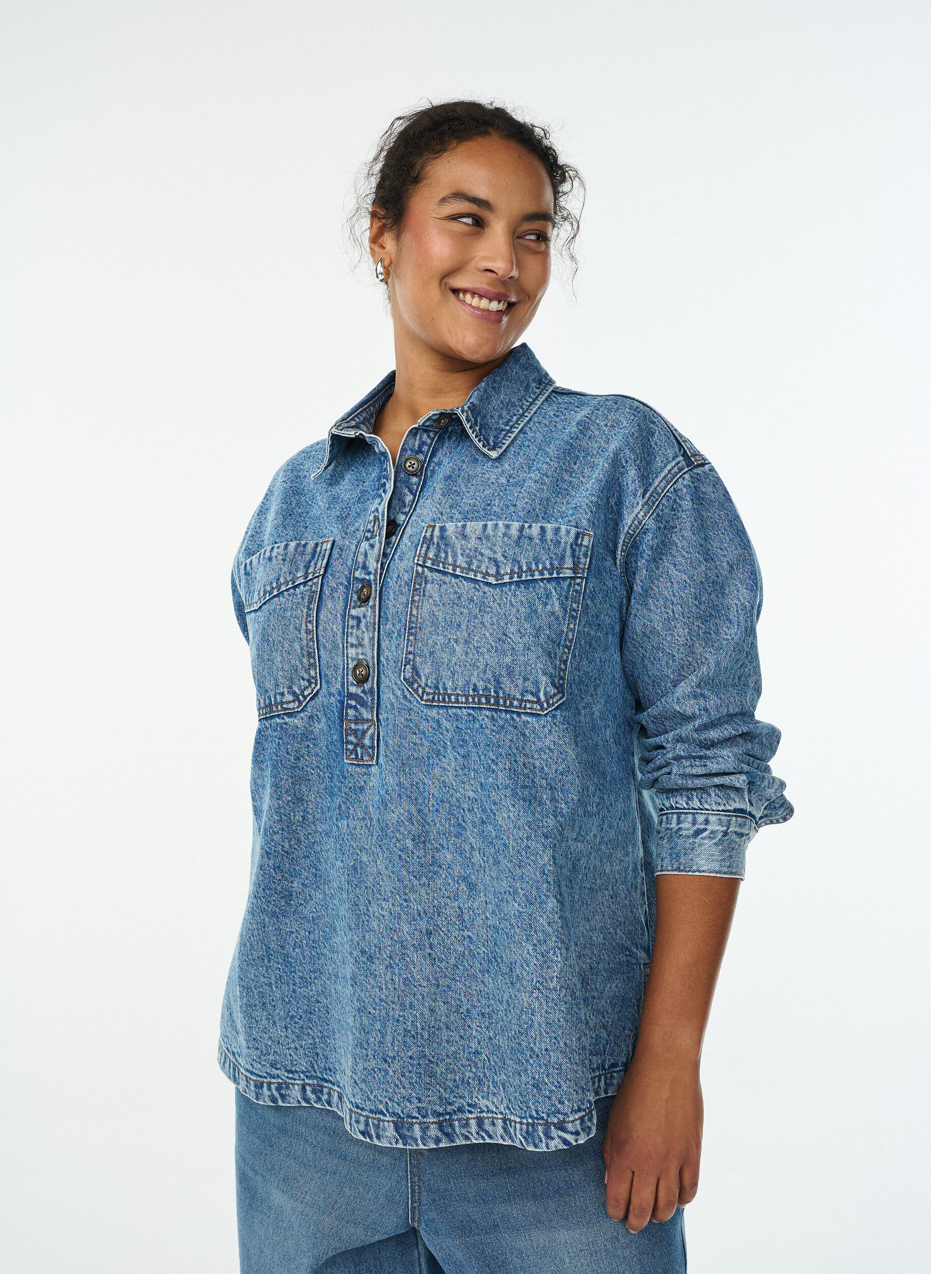 Denim shirt with half placket and chest pockets, Light Blue, Model