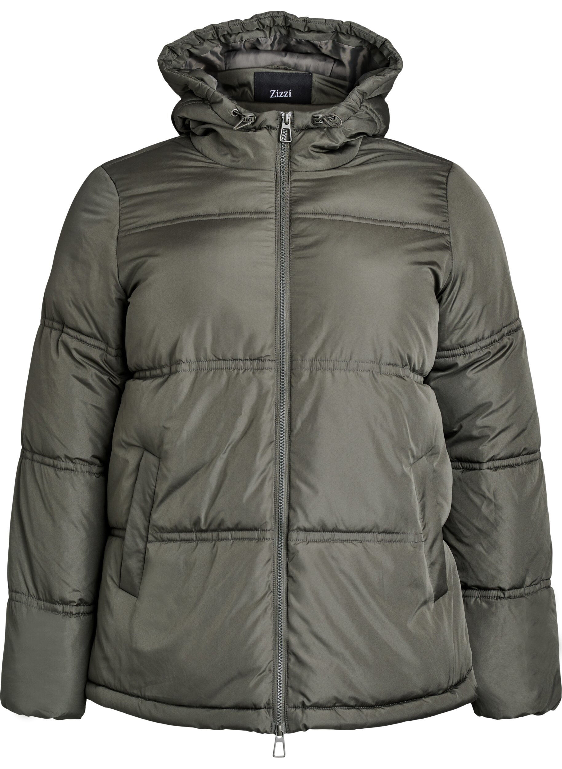 Short puffer jacket with a hood and two-way zipper