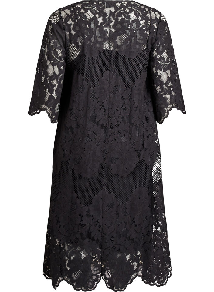Midi lace dress with a V-neck, Black, Packshot image number 1
