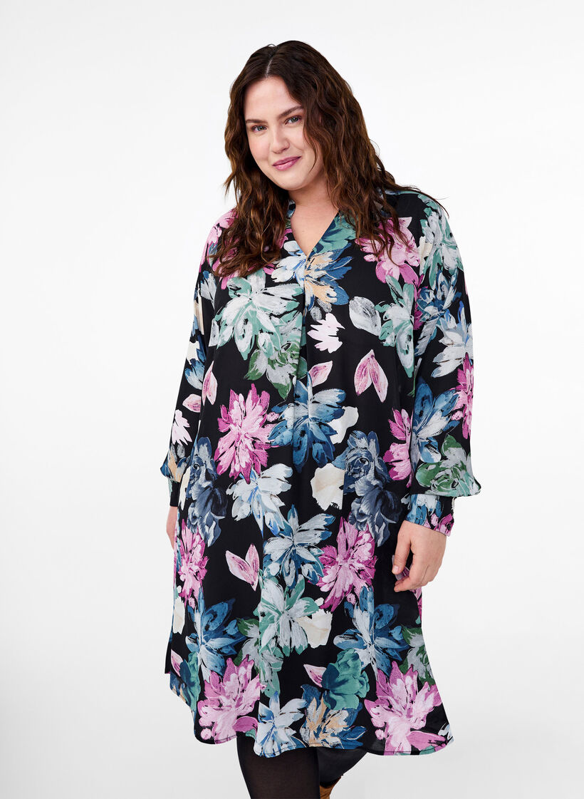 Long-sleeved dress with floral print, Rose Flower AOP, Model image number 0