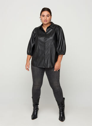 Synthetic leather shirt with 3/4-length puff sleeves, Black, Model image number 3