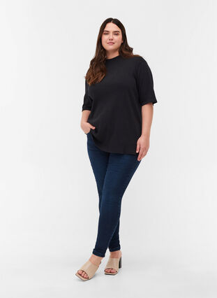 Cotton blouse in rib with 2/4-length sleeves, Black, Model image number 2