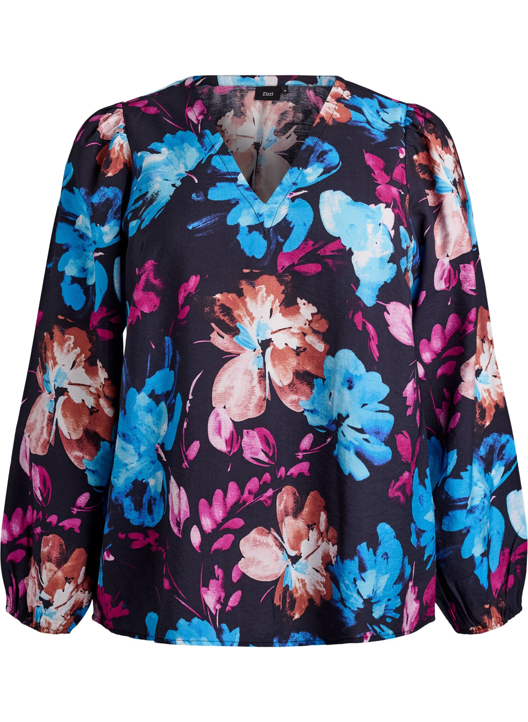 Zizzifashion Viscose blouse with floral print and long sleeves, Black, Packshot image number 0