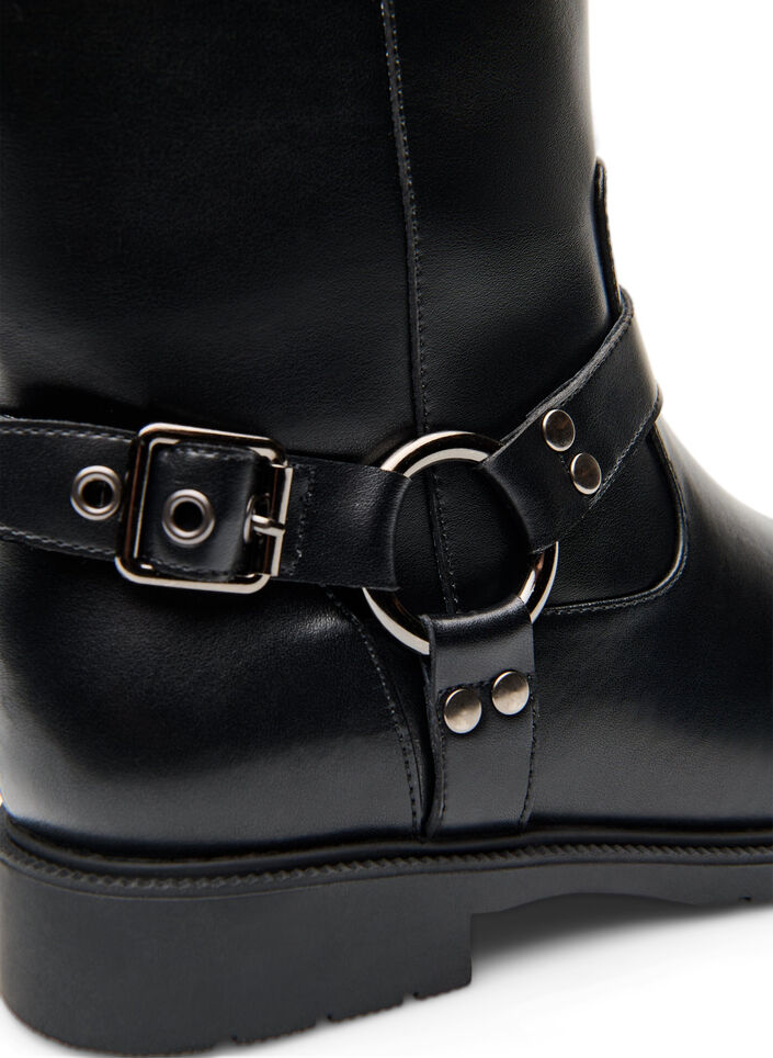 High leather boot with decorative buckles, Black, Packshot