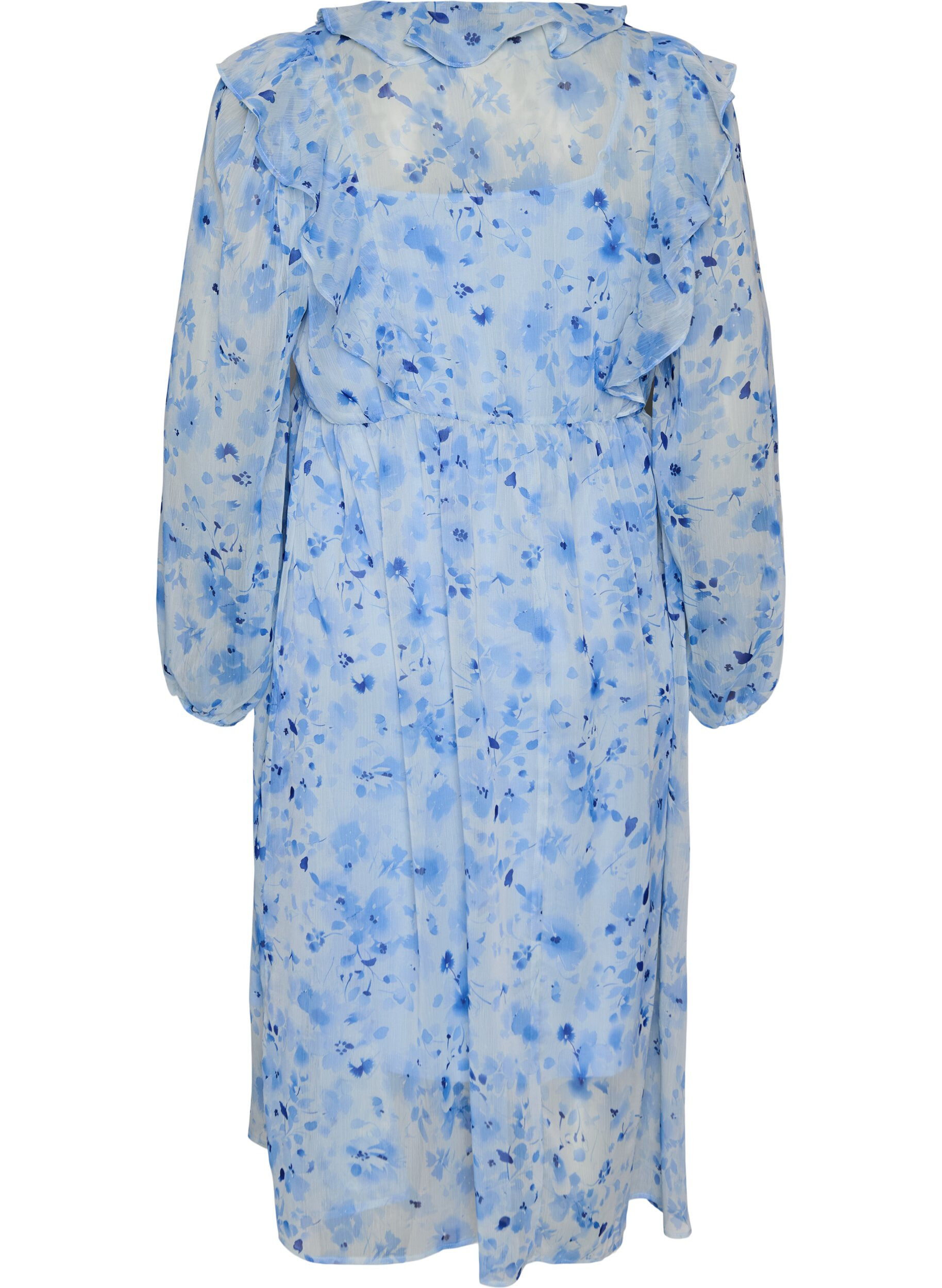 Zizzifashion Floral chiffon dress with ruffles and long sleeves, Blue, Packshot image number 1