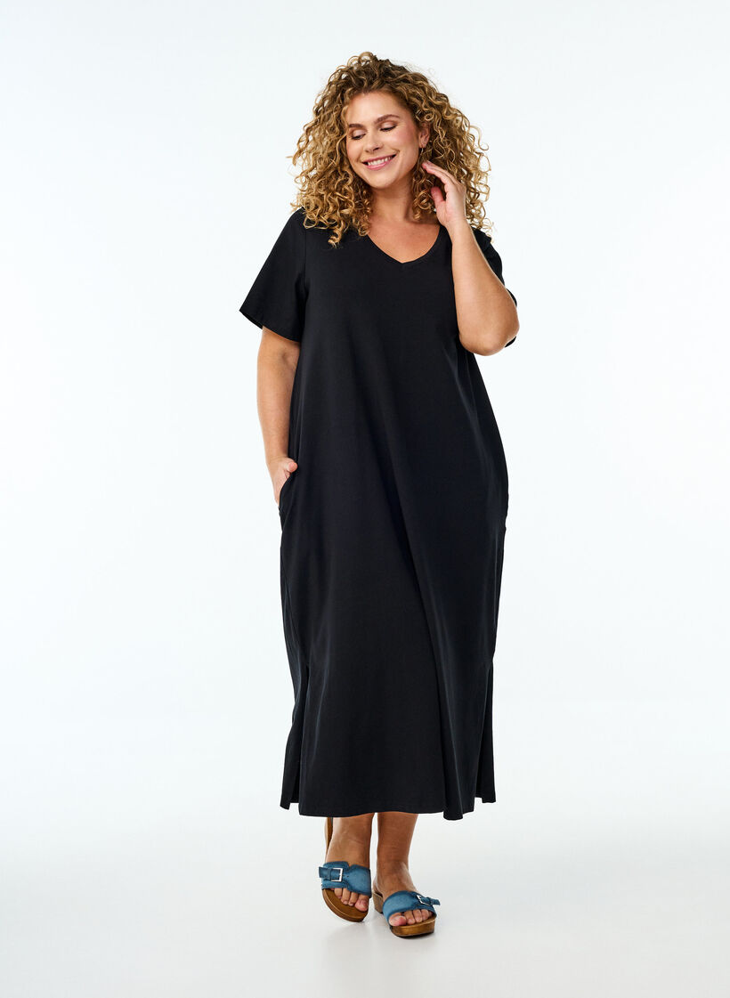 Midi T-shirt dress with a V-neck, Black, Model image number 0