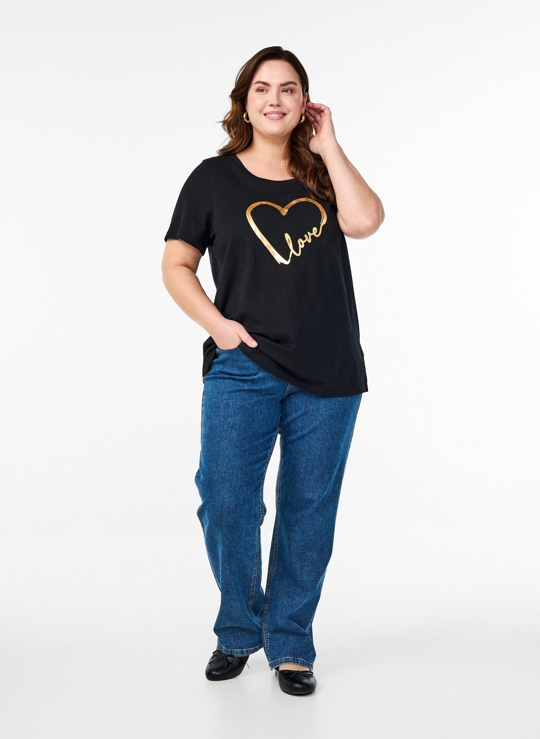 Zizzifashion Cotton T-shirt with motif, Black w. Gold Love, Model image number 2