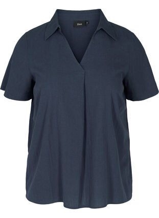 Short-sleeved cotton blouse with v-neck and collar, Mood Indigo, Packshot image number 0