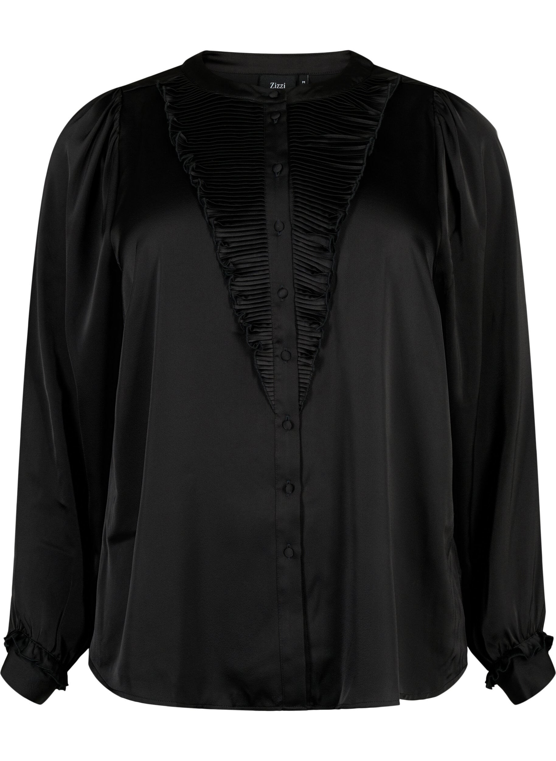 Zizzifashion Satin shirt blouse with ruffle details, Black, Packshot image number 0