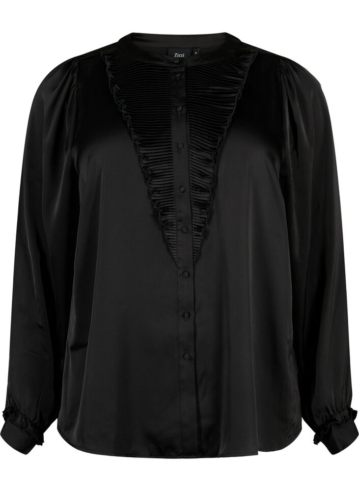 Satin shirt blouse with ruffle details, Black, Packshot image number 0