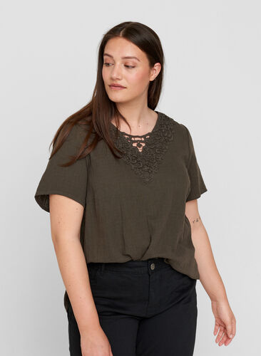 Short-sleeved blouse with a v-neck and embroidery, Khaki As sample, Model image number 0