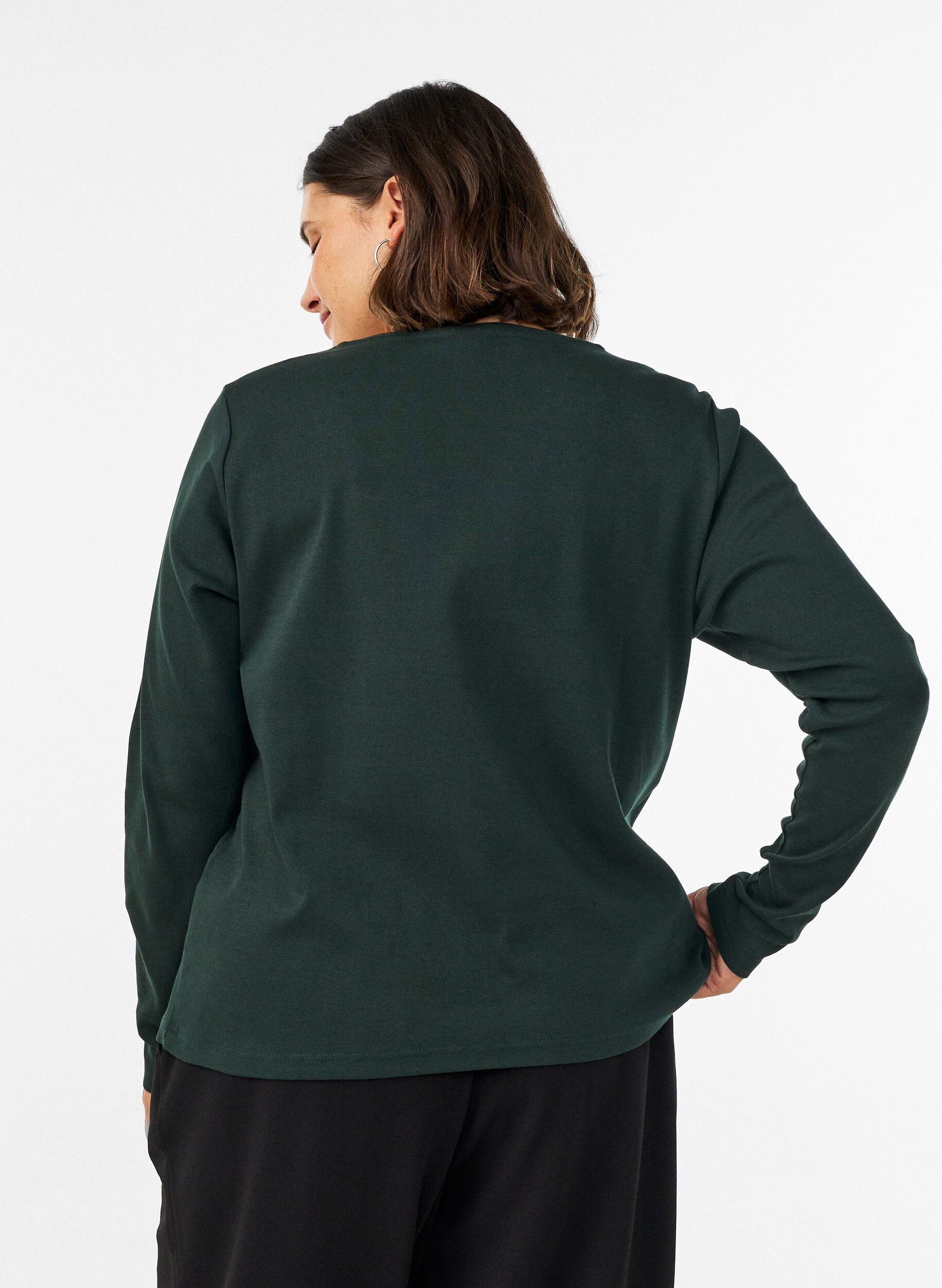 ZizzifashionLong-sleeved basic T-shirt with round neck, Green, Model image number 2