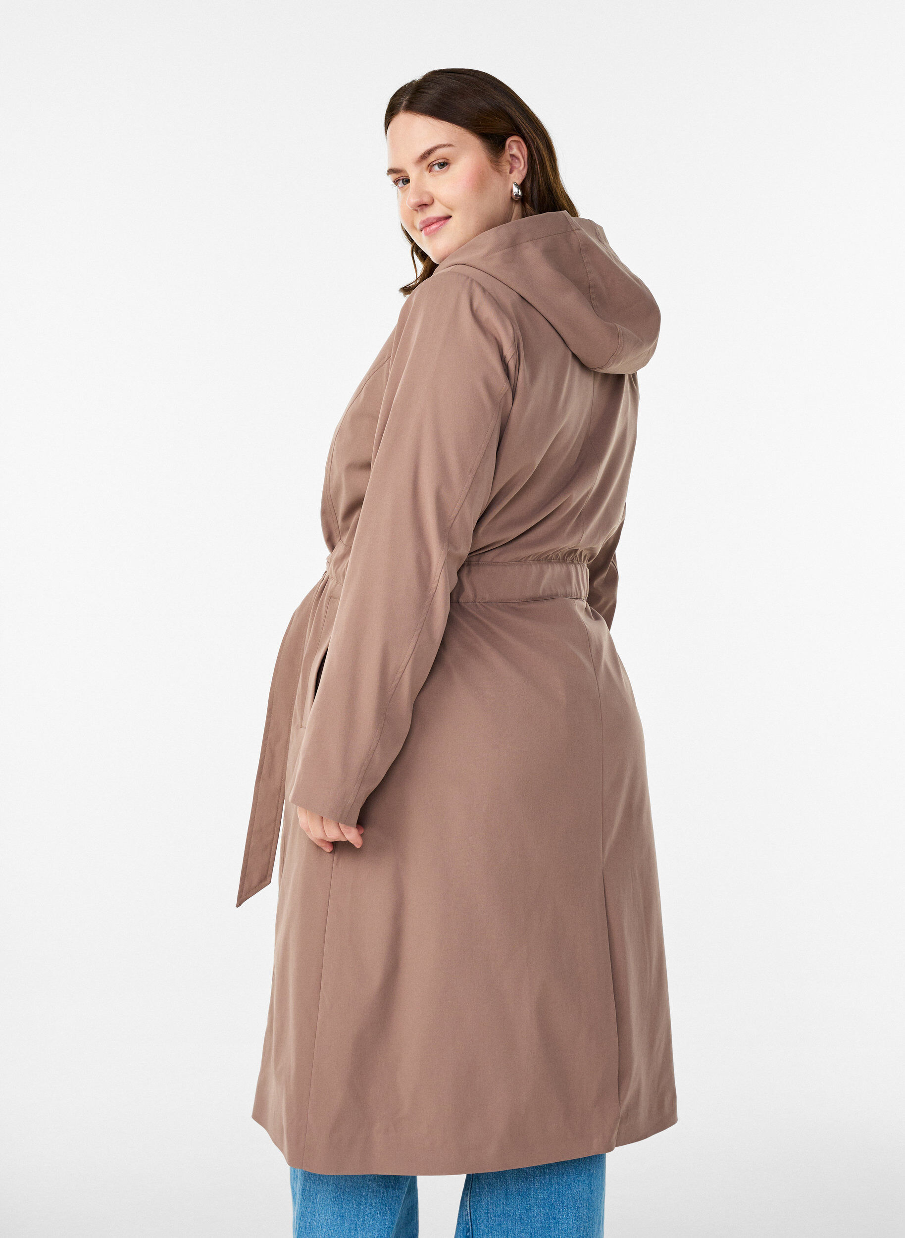 Zizzifashion Trench coat with hood and tie belt, Brown, Model image number 2