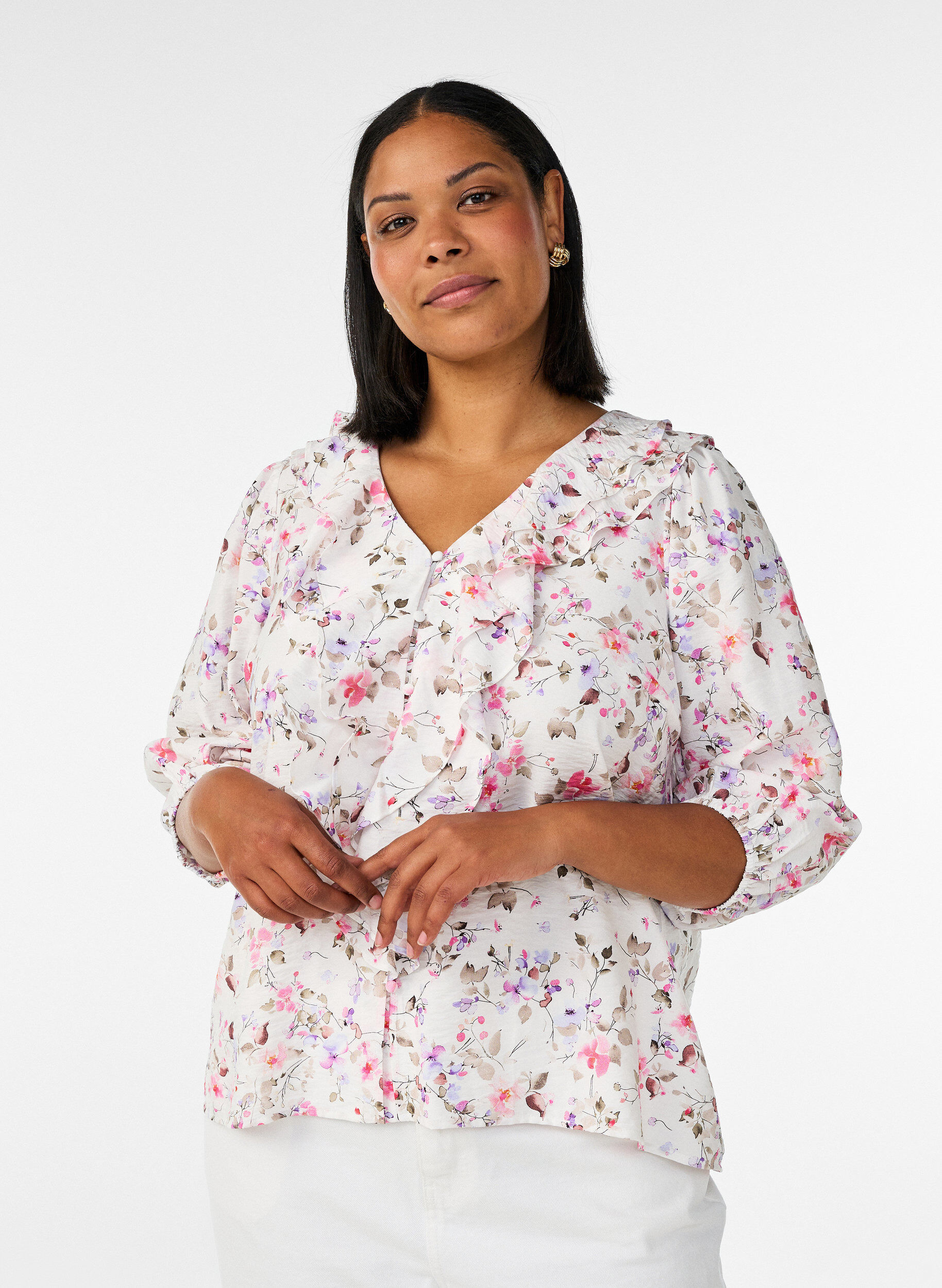 Zizzifashion Viscose blouse with floral print and 3/4 sleeves, Vanilla, Model image number 0