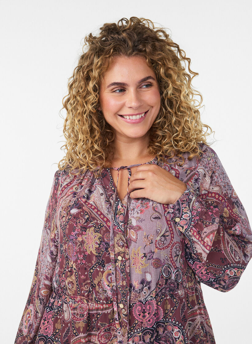 Midi dress with paisley print and elastic waist, Purple, Model image number 2