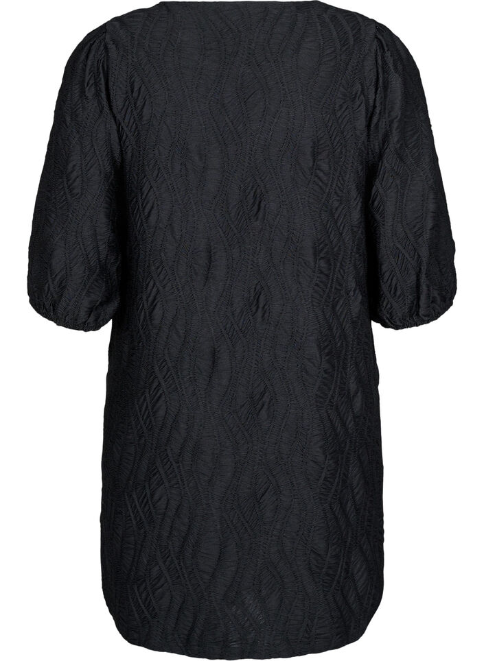 Short dress with texture and 3/4 sleeves, Black, Packshot image number 1