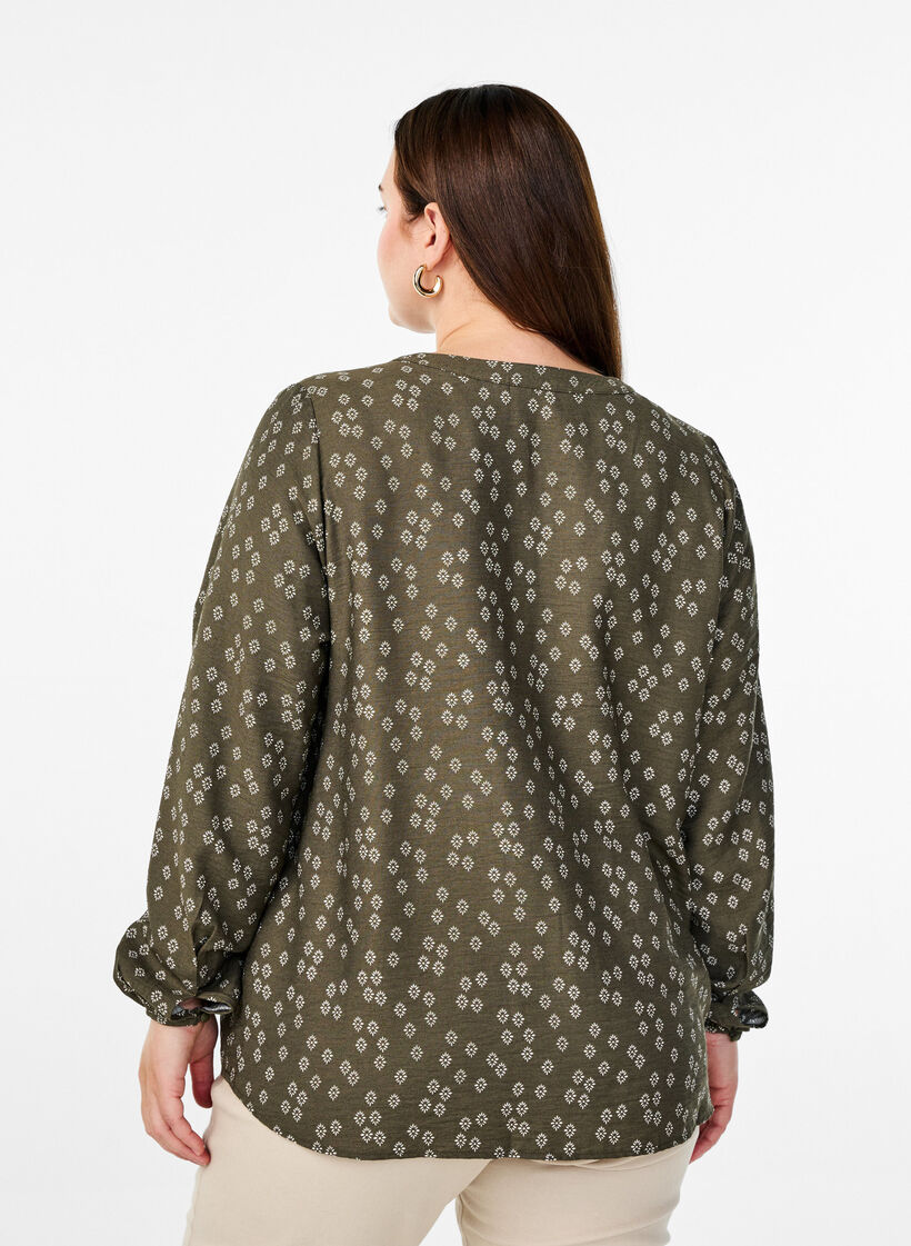 Long-sleeved blouse with pattern and buttons, Green, Model image number 2