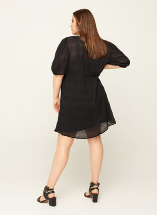 Textured tunic with puff sleeves, Black, Model image number 1