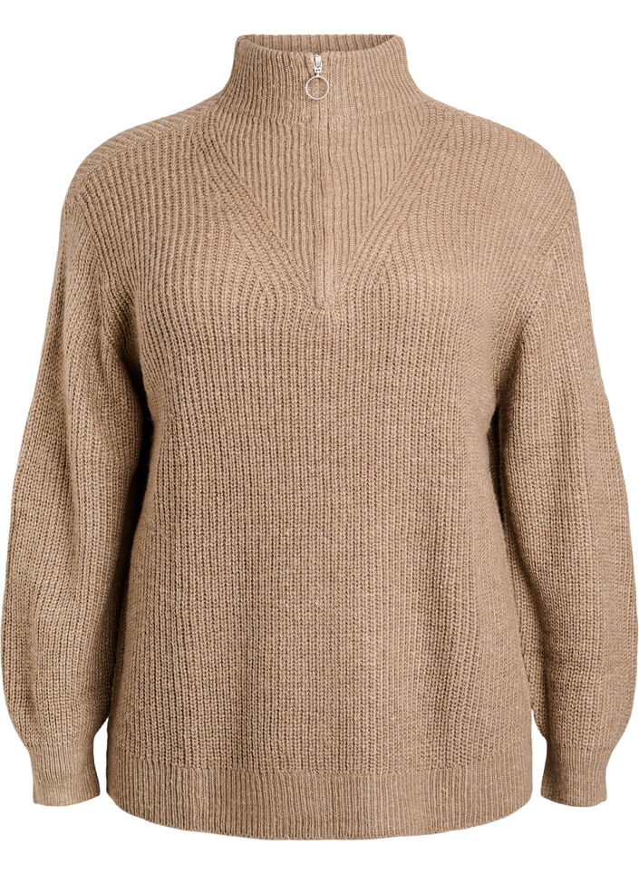 Knitted sweater with high neck and zipper, Brown, Packshot image number 0
