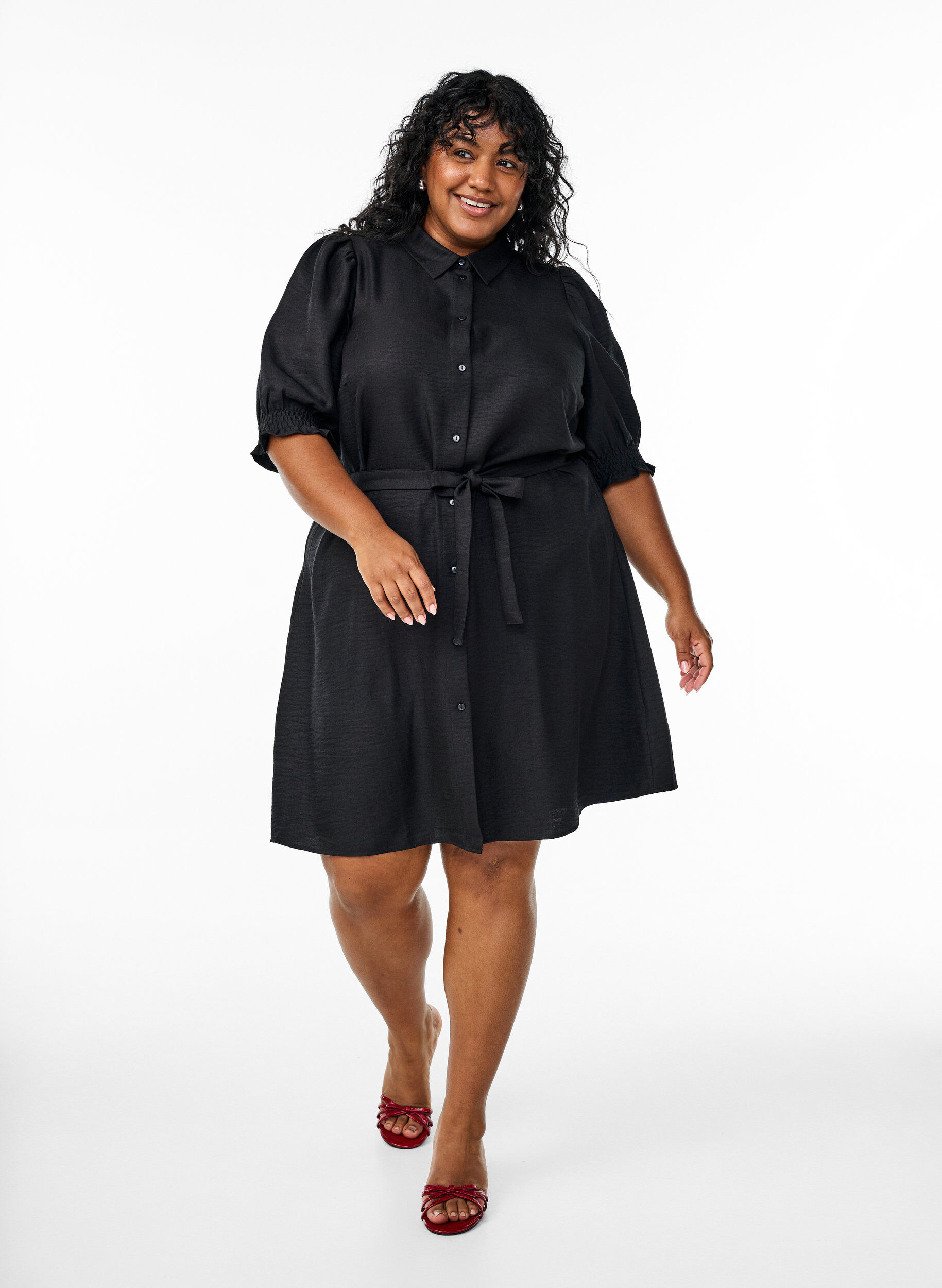 Zizzifashion Knee-length shirt dress with tie belt, Black, Model image number 0