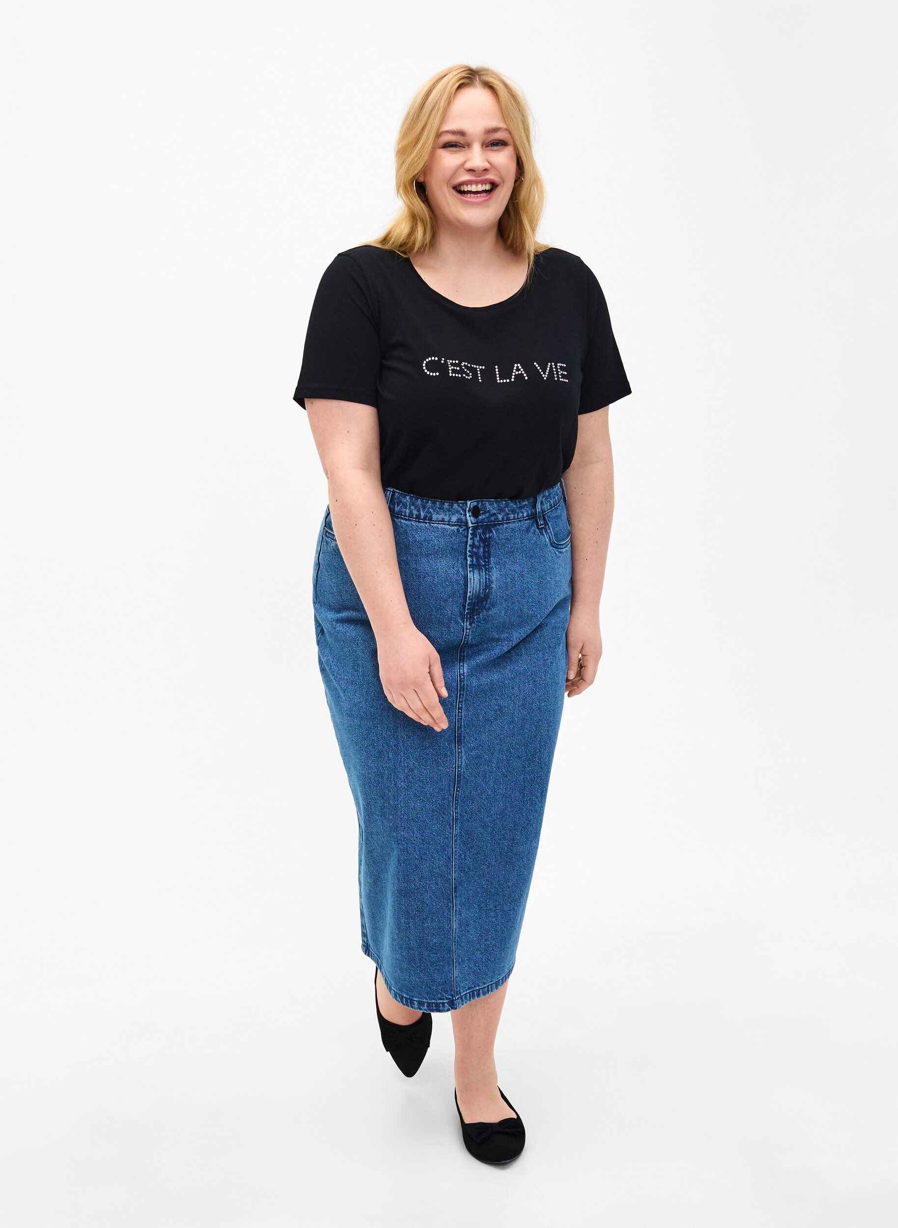 Zizzifashion T-shirt with rhinestones, Black W. Rhinestones, Model image number 2