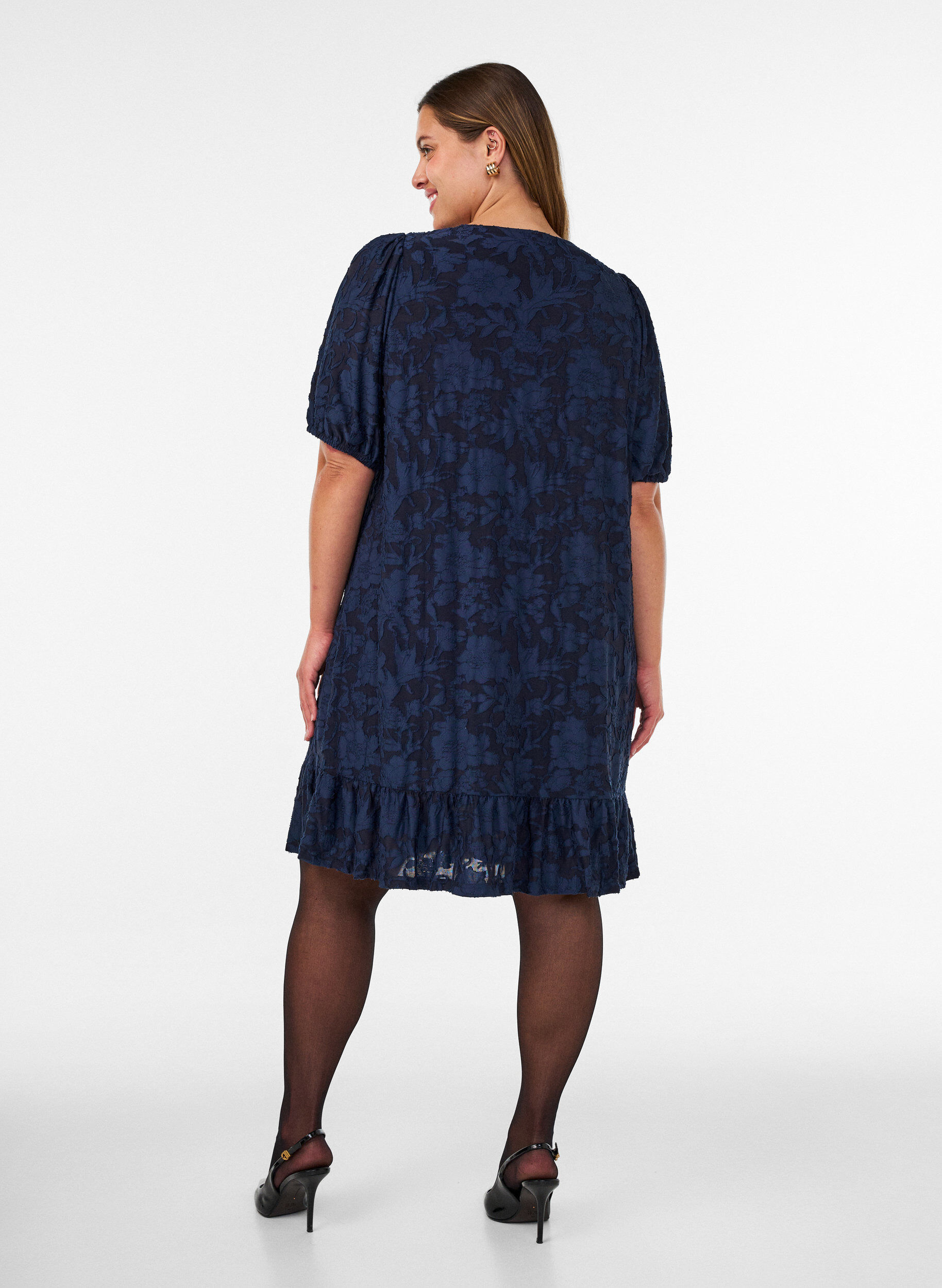 ZizzifashionDress with floral texture and ruffle trim, Blue, Model image number 2