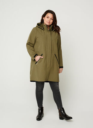 Long, hooded softshell jacket, Ivy green, Model image number 2