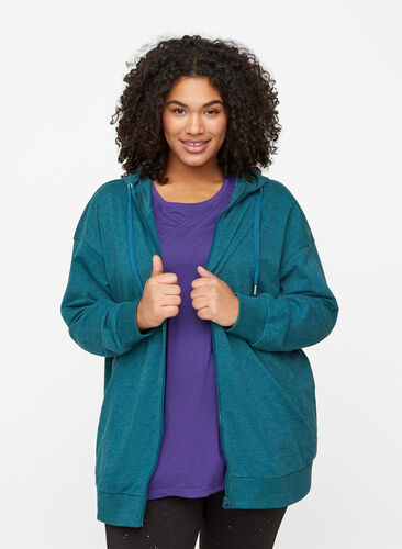 Sweater cardigan with a zip and hood, Deep Teal, Model image number 0