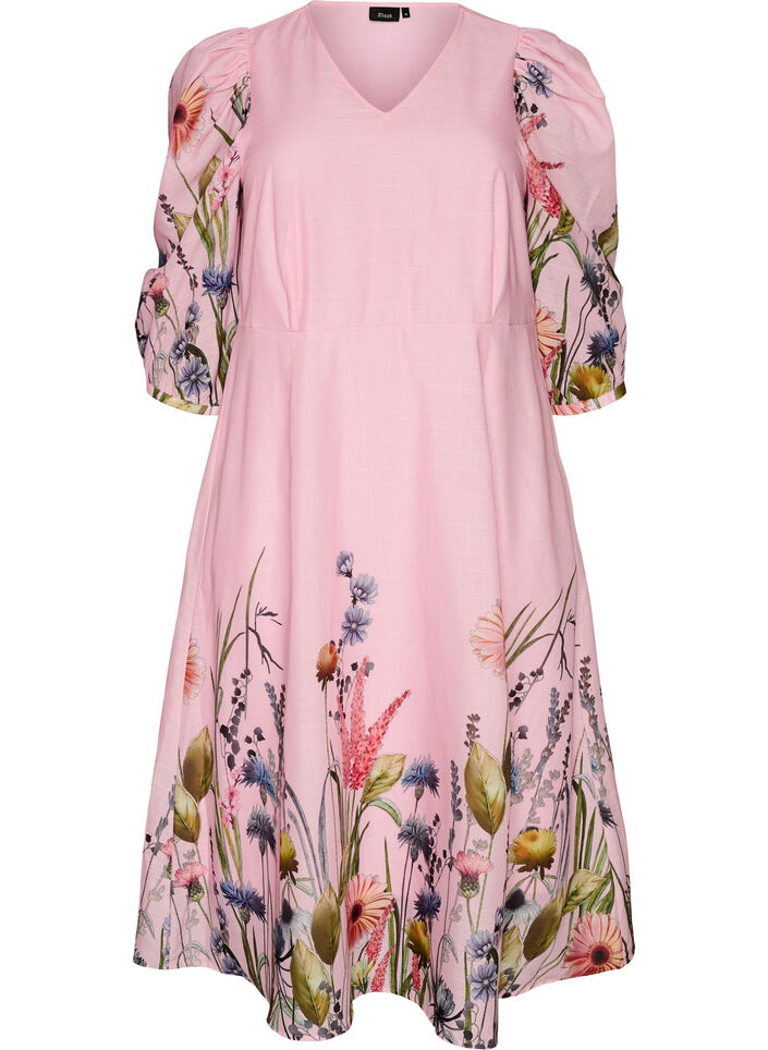 Midi dress with an empire line and floral print, Pink, Packshot